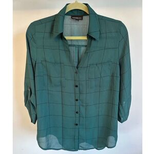 Fortune + Ivy Womens Green Plaid 3/4 Sleeve‎ Button Down Shirt Size Large